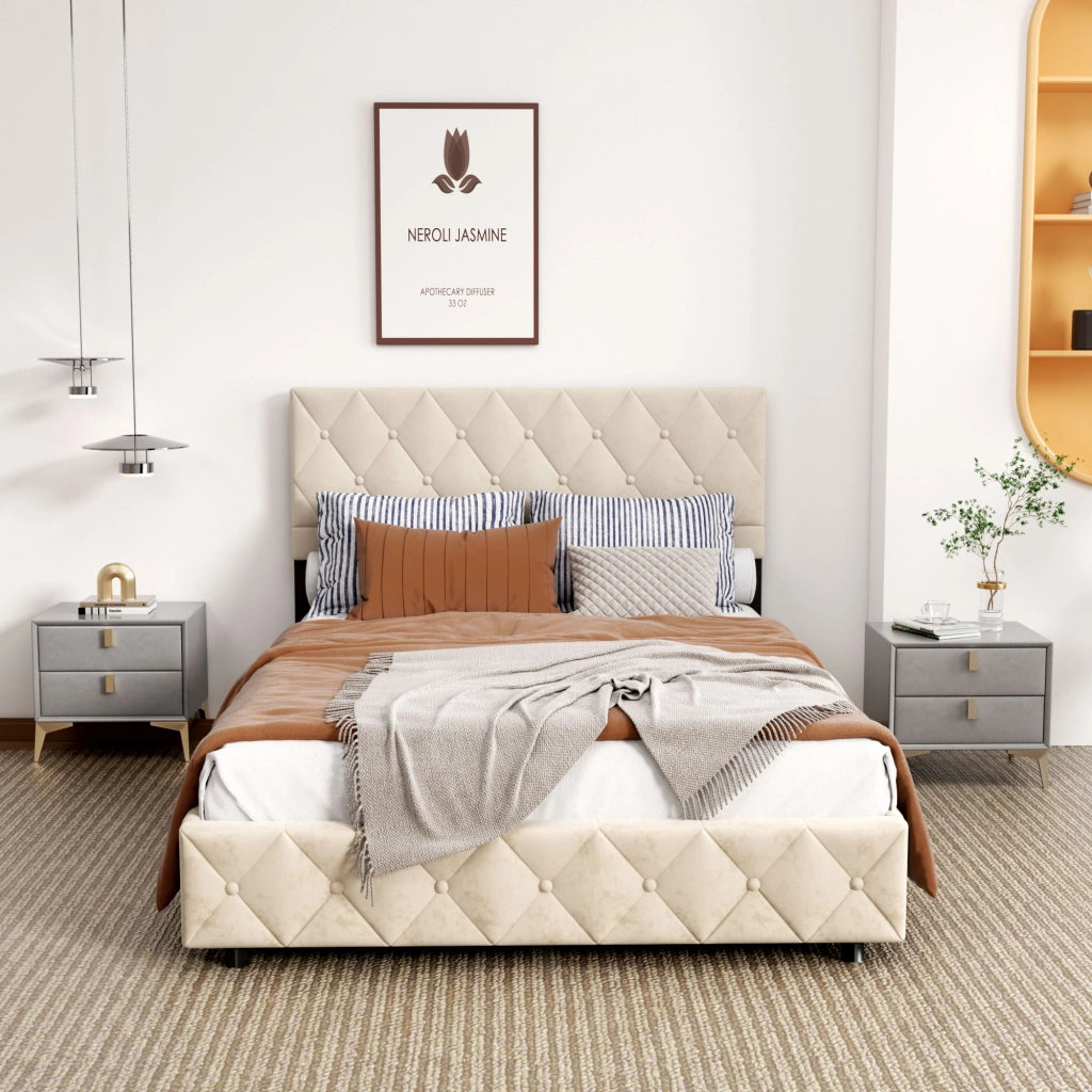 LETTO Imbottito 140x200 cm in Velluto Beige