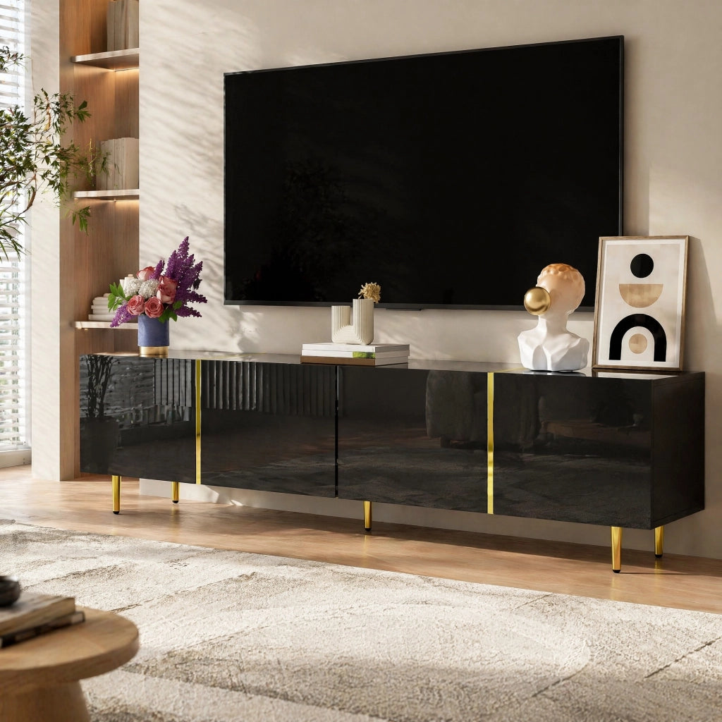 Mobile TV moderno in MDF nero lucido con 4 ante e dettagli oro; 170x35x46 cm
