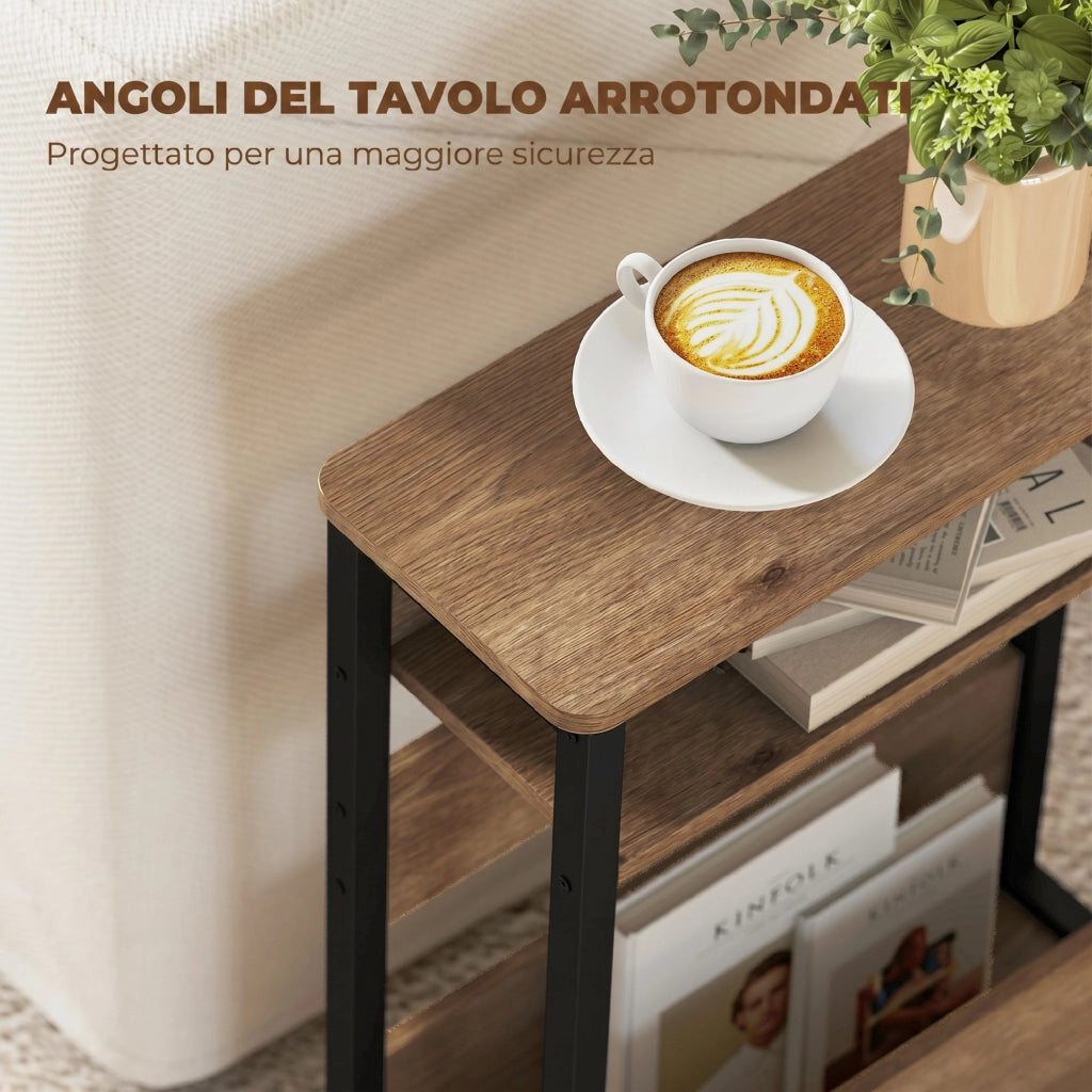 Tavolino da Soggiorno 46x18x58,5 cm in Stile Industriale con 2 Ripiani in Legno e Metallo Color Noce Scuro