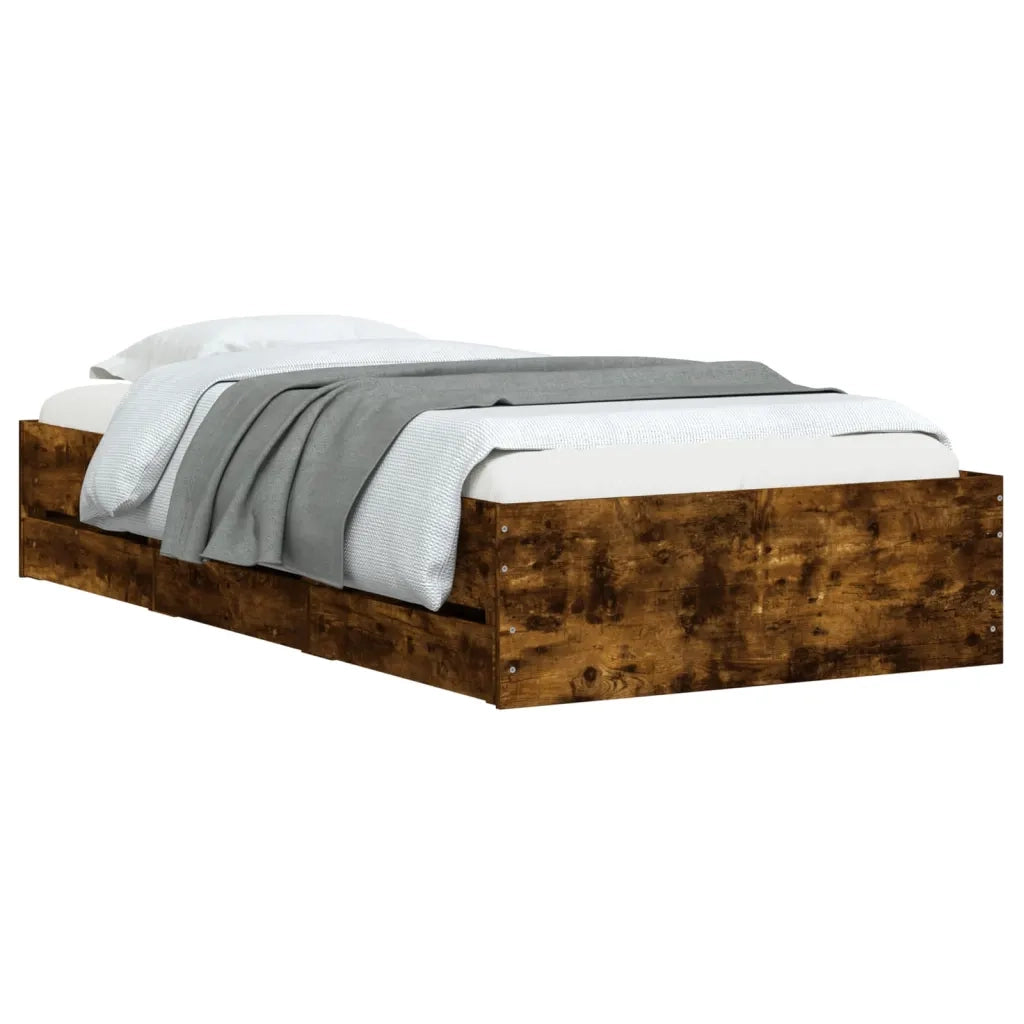 Letto singolo | Letto per adulti | Giroletto con Cassetti Rovere Fumo 100x200 cm Legno Multistrato
