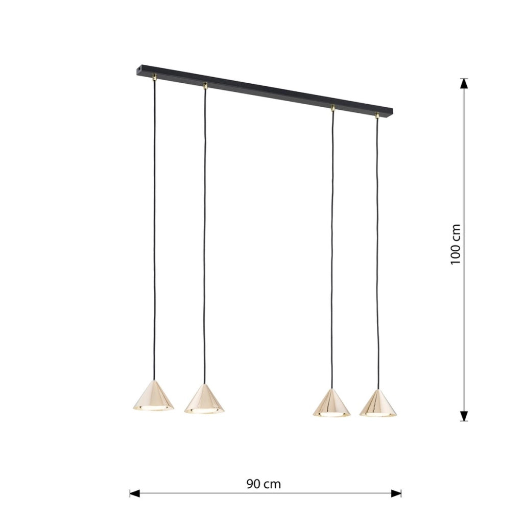 Lampada a sospensione ELIT con diffusori conici oro e struttura nera