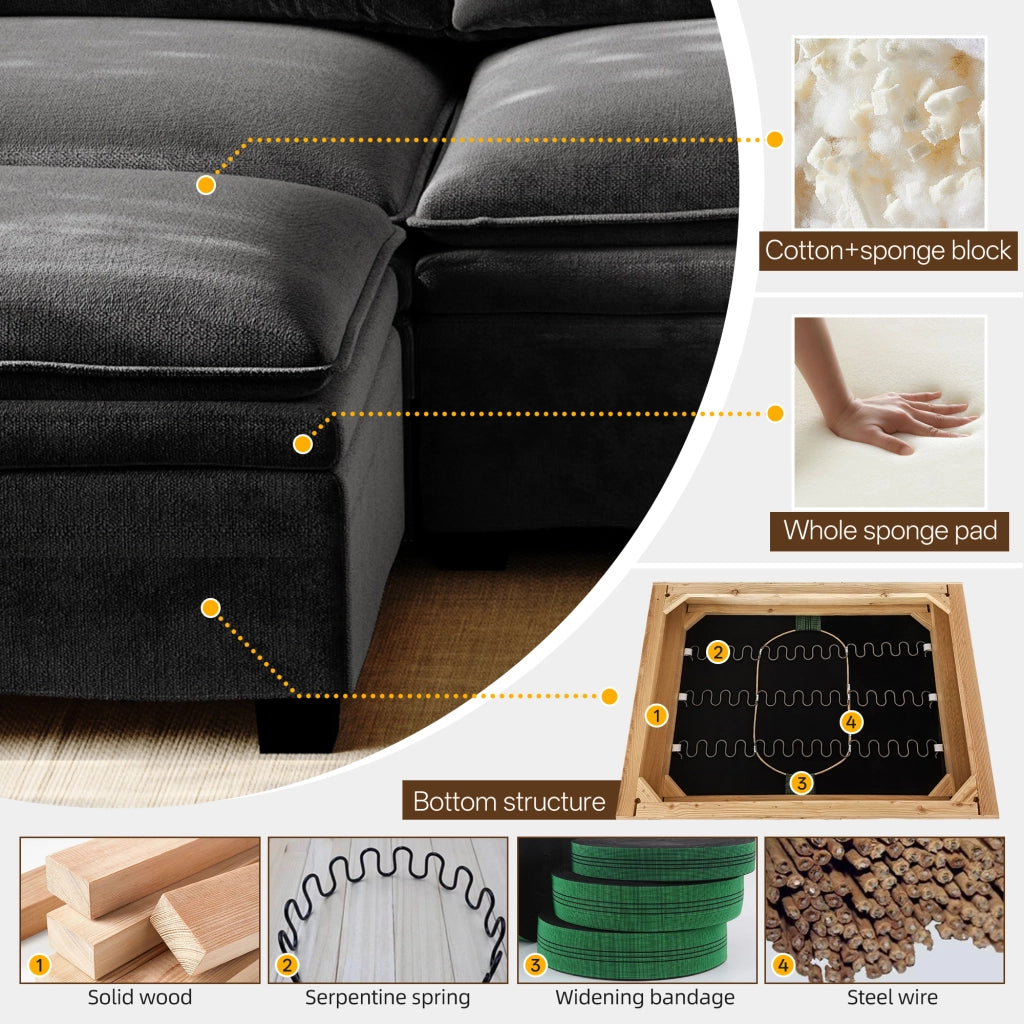 Divano modulare a L 4 posti in chenille con pouf mobile ricarica wireless altoparlanti luci e 2 portabicchieri nero