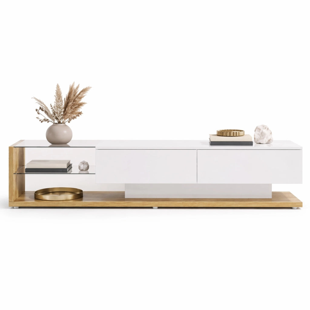mobile TV basso 170 cm bianco lucido e legno con LED regolabile