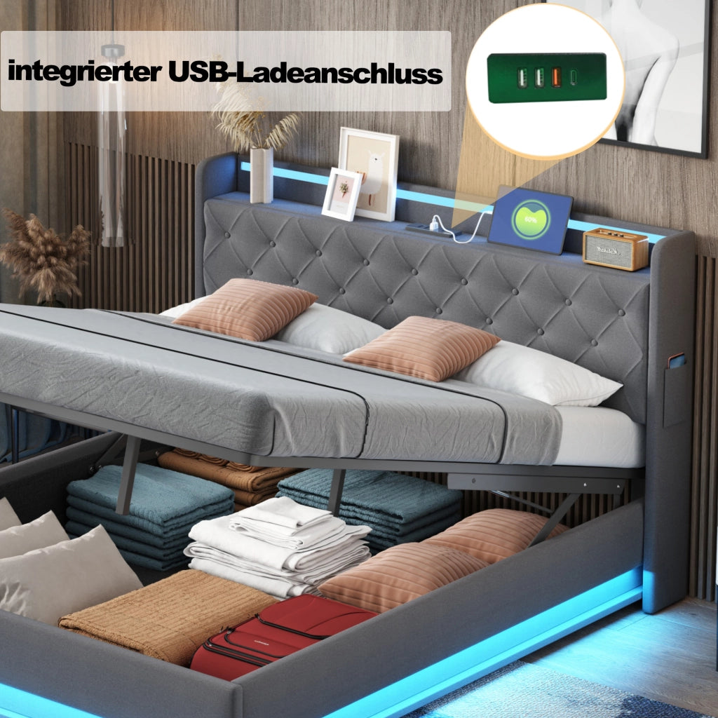 LETTO imbottito LED 160x200 cm grigio con USB e contenitore