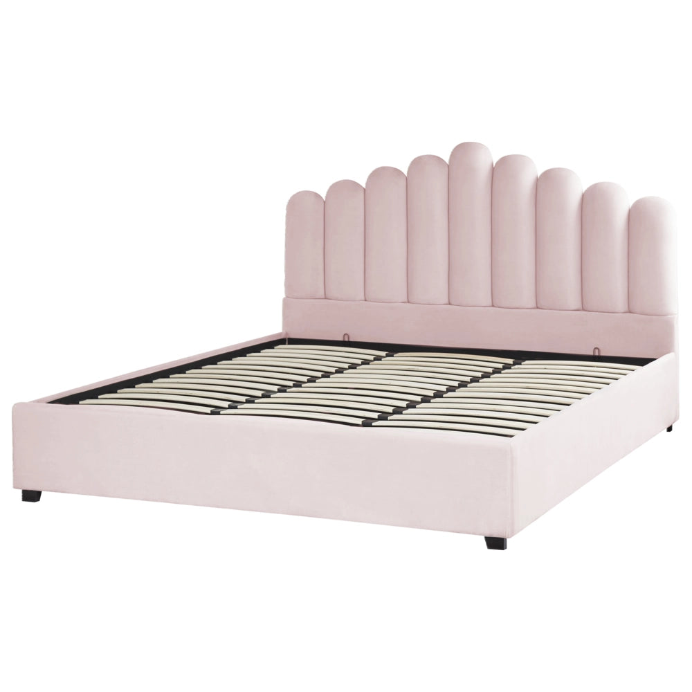 Letto contenitore matrimoniale rete a doghe velluto rosa 180 x 200 testiera a conchiglia