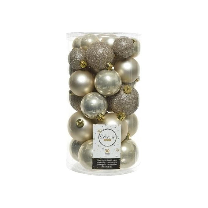 Decoris JNS446986 Set 30 Palline di Natale Plastica Antigraffio Mix 40 50 60 mm Opaco Lucido Glitter colore Perla