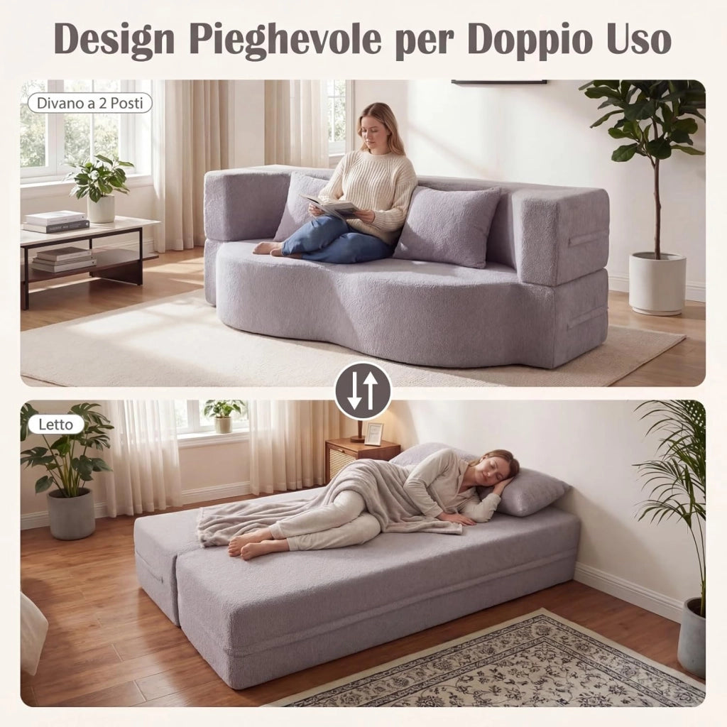 2 in 1 Divano Letto Pieghevole, Divano a 2 Posti in Pile Teddy con 2 Cuscini Comodi, Nessun Montaggio, Divanetto Convertible Moderno per Soggiorno Camera Ospiti, 192,5x84x62 cm (Grigio)