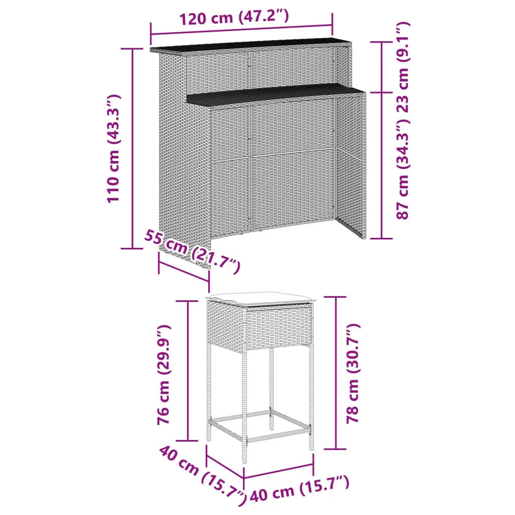 vidaXL Set Bar da Giardino 5 pz con Cuscini in Polyrattan Marrone