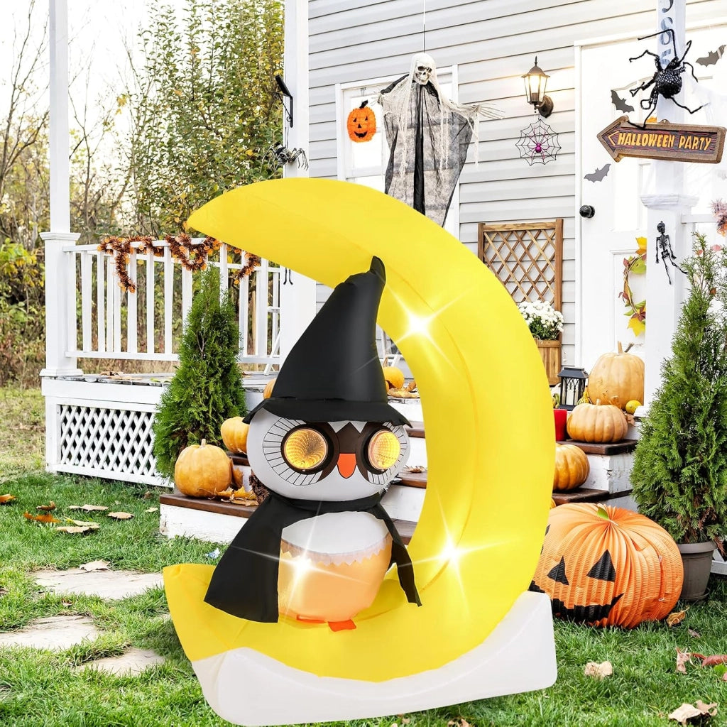 Decorazione Halloween, gufo decorativo con luna gonfiabile, 130 x 60 x 155 cm, 3 luci a LED e 2 grandi luci lampeggianti, soffietto incluso, decorazione per Halloween all'aperto e interni