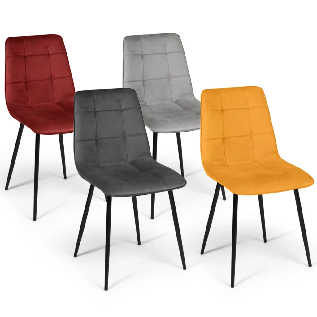 IDMarket - Lote de 4 sillas mixtas de terciopelo vintage MILA en burdeos, gris oscuro, gris claro y amarillo ocre