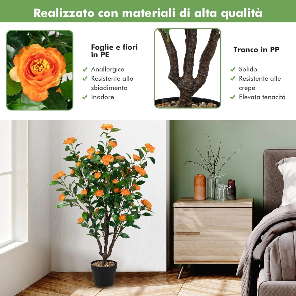 Pianta Finta da Interno da 102 cm, Albero di Camelia Artificiale con 37 Fiori Gialli, Vaso e Ciottoli di Pioggia, Pianta Finta per Soggiorno, Ufficio e Negozio