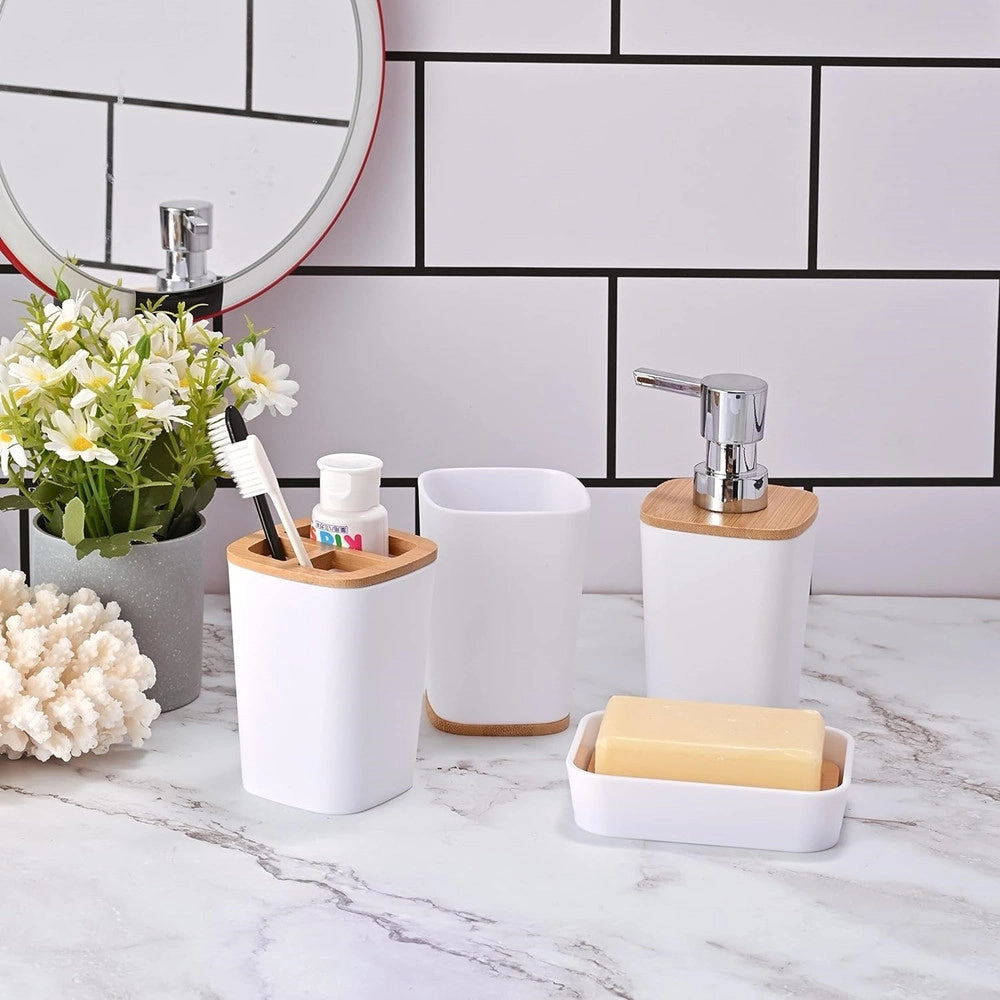 Trade Shop - Set Accessori Bagno In Bambù 6 Pz Moderno Bidone Spazzatura Portasapone Dispenser - Bianco