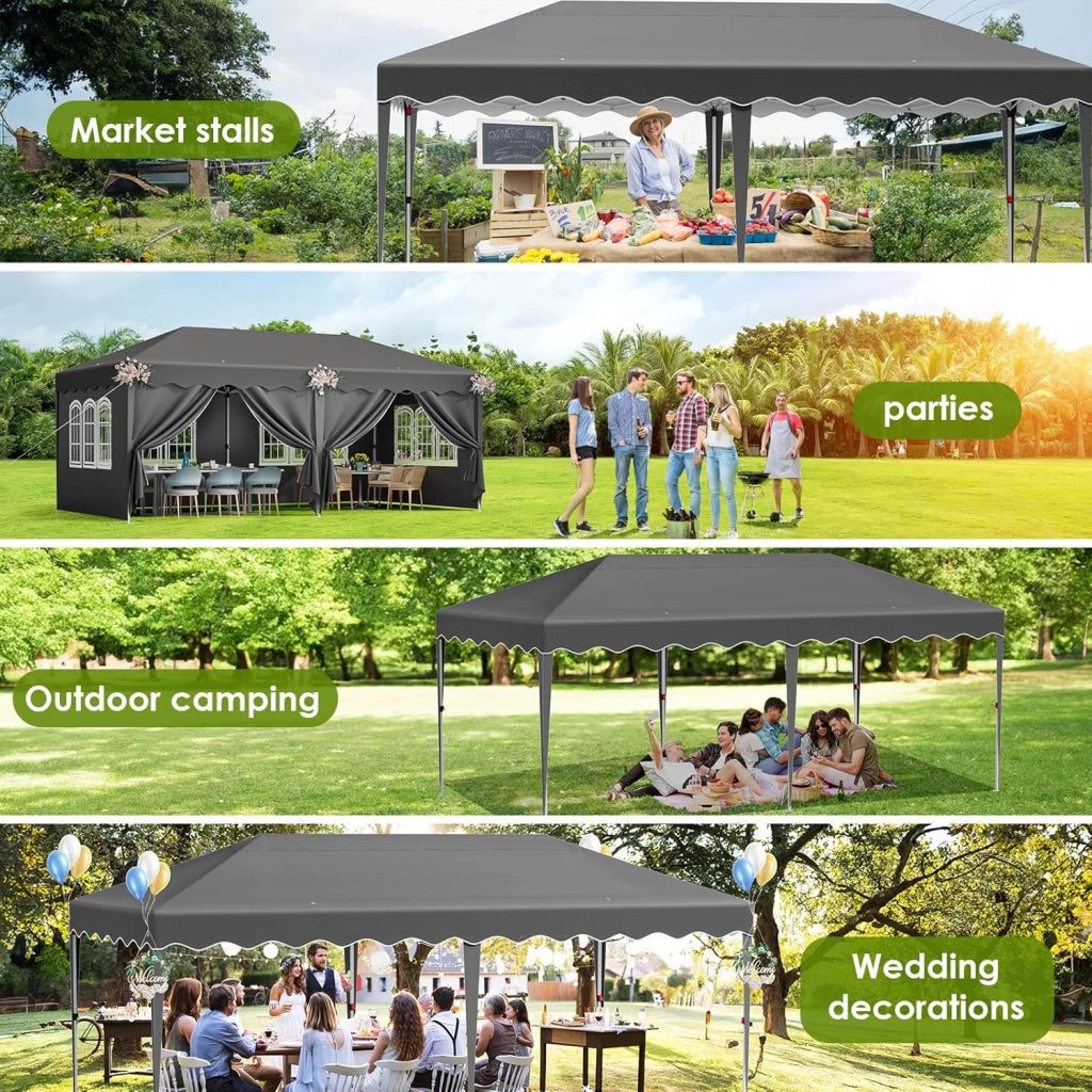 Gazebo pieghevole 3 x 6, 3 x 6 m, impermeabile, resistente all'inverno, stabile gazebo da giardino con 6 sacchi di sabbia e 4 parti laterali, pop-up, UV50+, per feste, matrimoni, picnic (Nero)