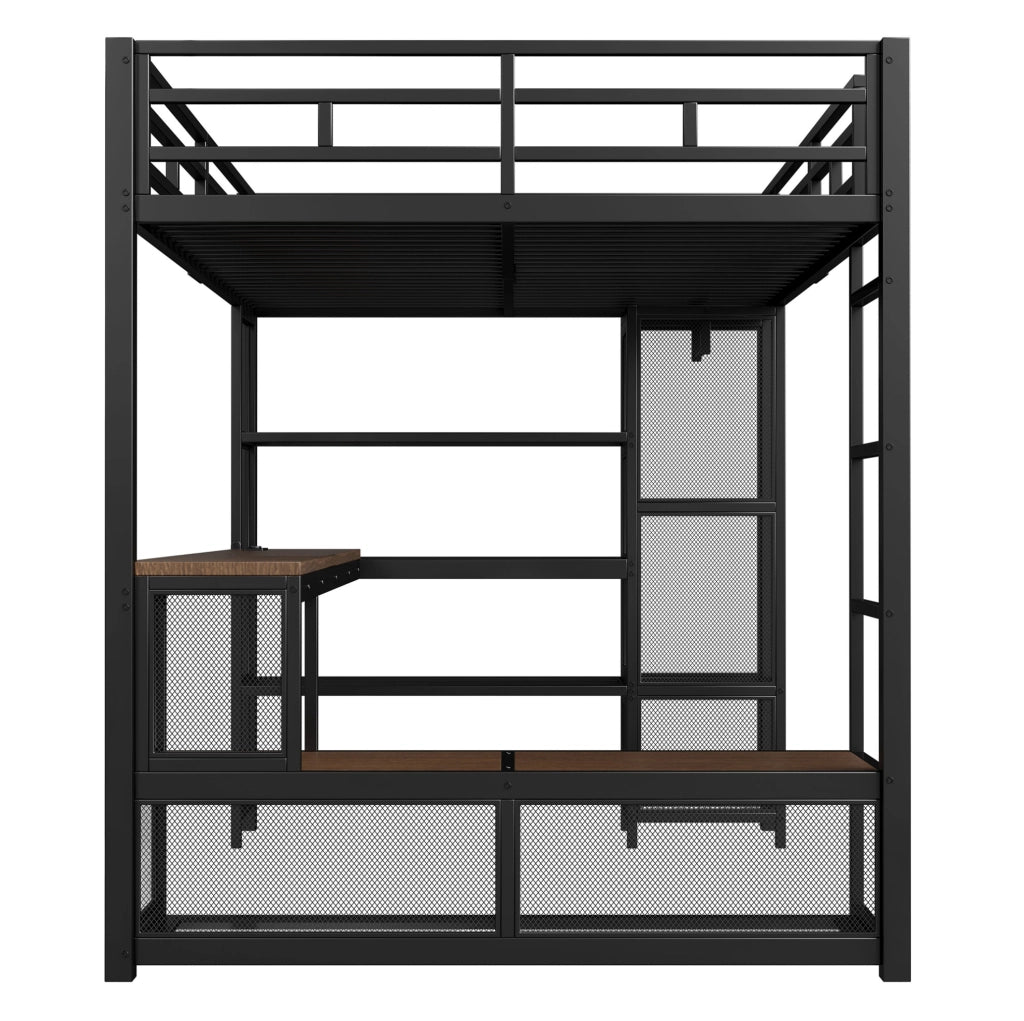 Letto a soppalco 140x200 cm con scrivania; ripiani; LED e guardaroba aperto in metallo nero