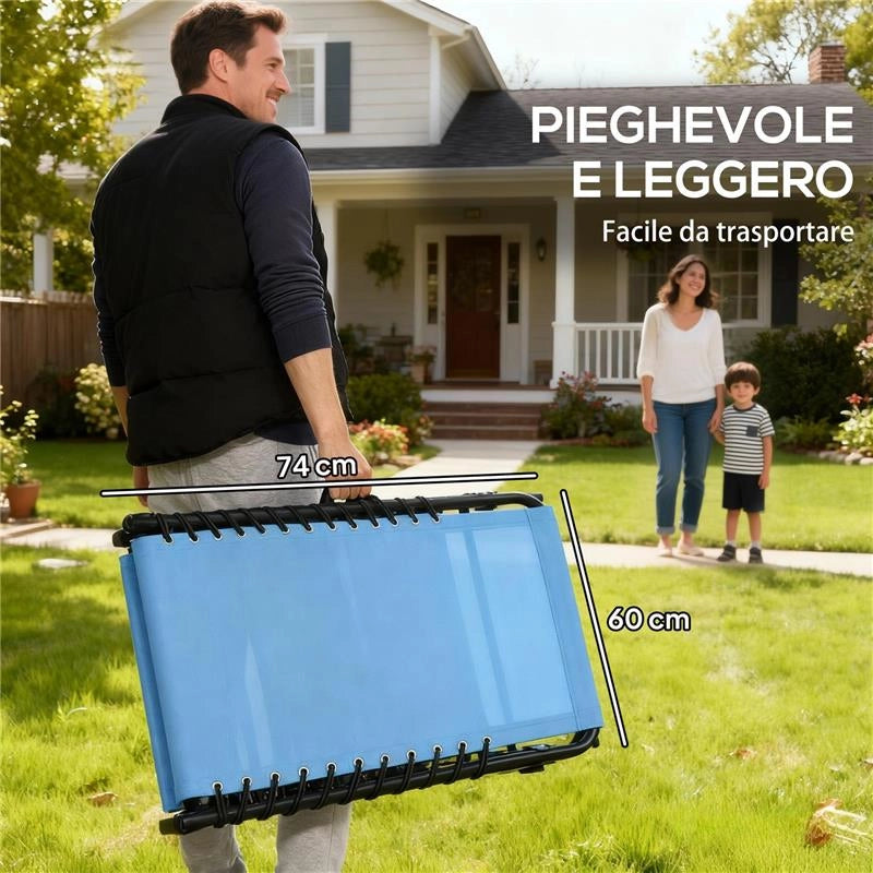 LETTINO PRENDISOLE PIEGHEVOLE CON SCHIENALE RECLINABILE IN ACCIAIO E TESSUTO A RETE, 189X58X30 CM, BLU
