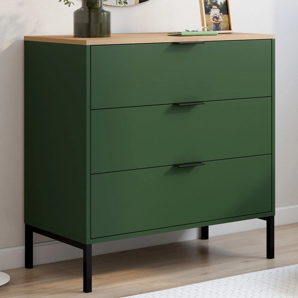 KELIA 80 cm cassettiera a 3 cassetti verde cachi con piano in legno