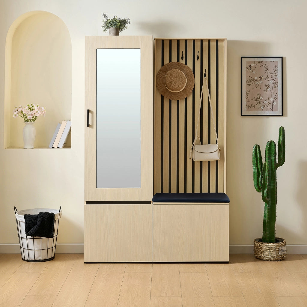 Mobili da ingresso con specchio, panca e 4 ganci, con scarpiera e asta estraibile, in MDF, stile moderno, legno
