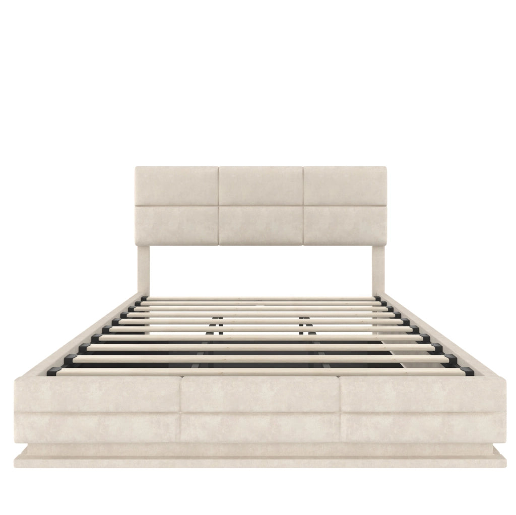 Letto 180x200 cm con contenitore idraulico, LED, USB e velluto beige