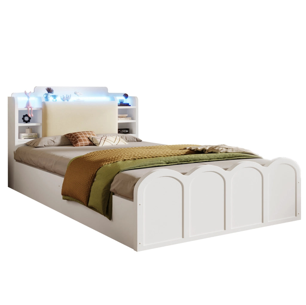 Letto singolo contenitore 90x200 cm in legno di pino bianco con LED; USB e USB-C
