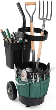 Carrello da Giardino a 2 Ruote, Carrellino da Esterno per Attrezzi da Giardinaggio con Borsa in in Tessuto Oxford, 20 L Secchio Rotondo e 10 L Contenitore Rettangolare Rimovibili