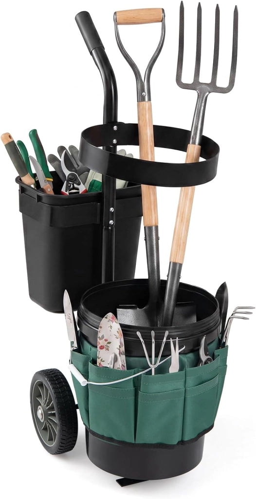 Carrello da Giardino a 2 Ruote, Carrellino da Esterno per Attrezzi da Giardinaggio con Borsa in in Tessuto Oxford, 20 L Secchio Rotondo e 10 L Contenitore Rettangolare Rimovibili