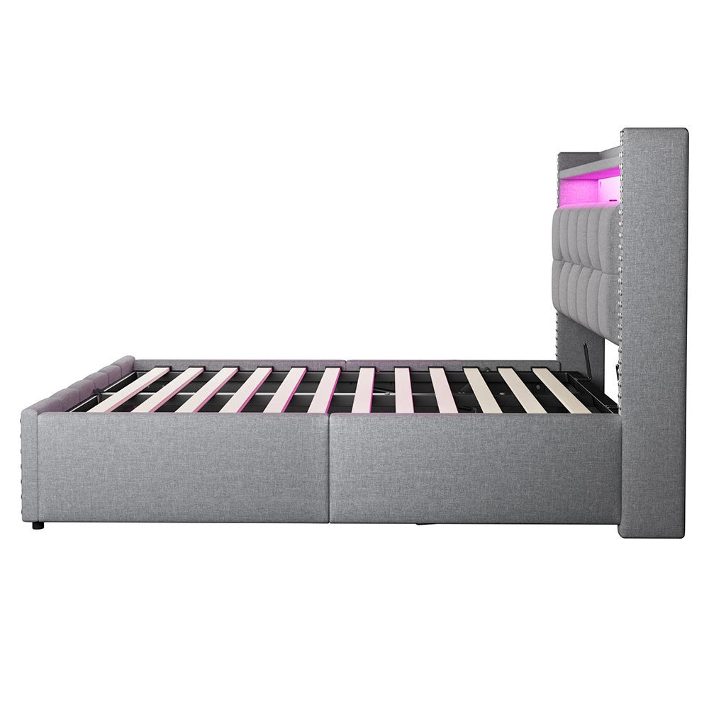 Letto matrimoniale-Xylo-140x200 cm-LED, USB, scaffale, idraulico, lino grigio