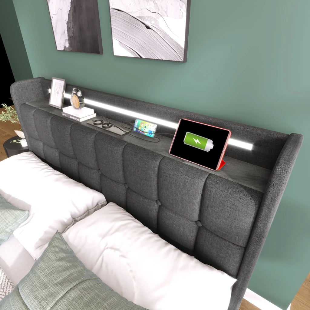 Letto matrimoniale imbottito 180x200 cm con LED; USB; prese; 4 cassetti e rete a doghe; grigio