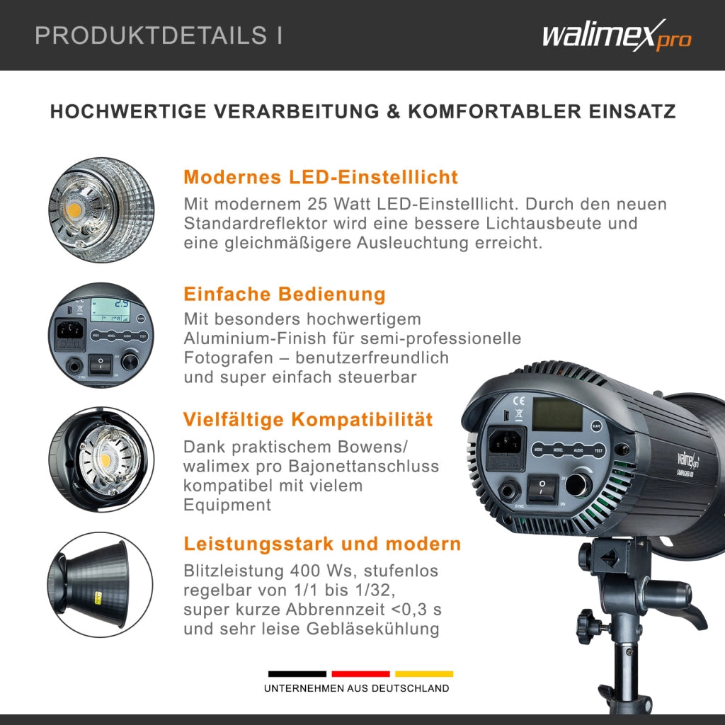 Campaigner 400 HS Set Double 2 flash fotografici da studio, luce LED da 400 W per foto e video, con 2 softbox 2 stativi luci e accessori
