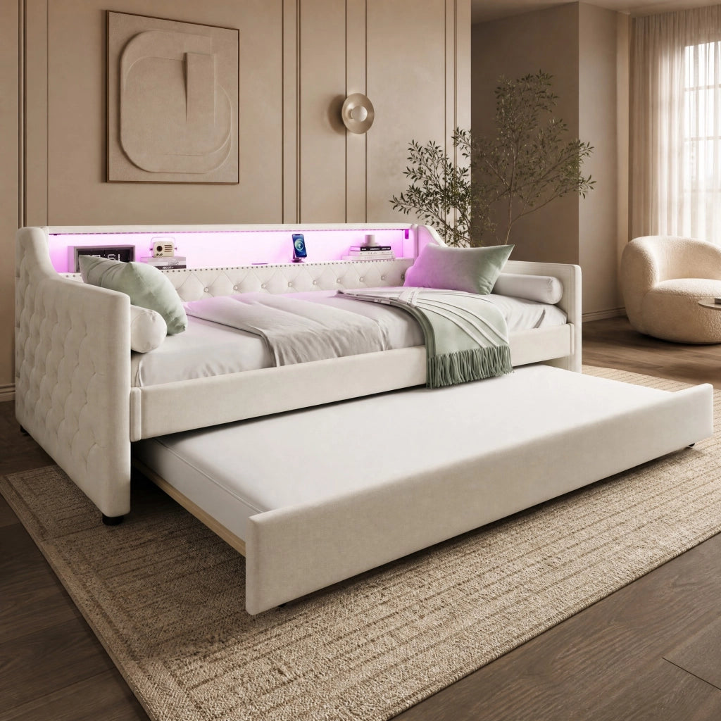Letto daybed 90x200 cm con letto estraibile, LED, USB e rete a doghe