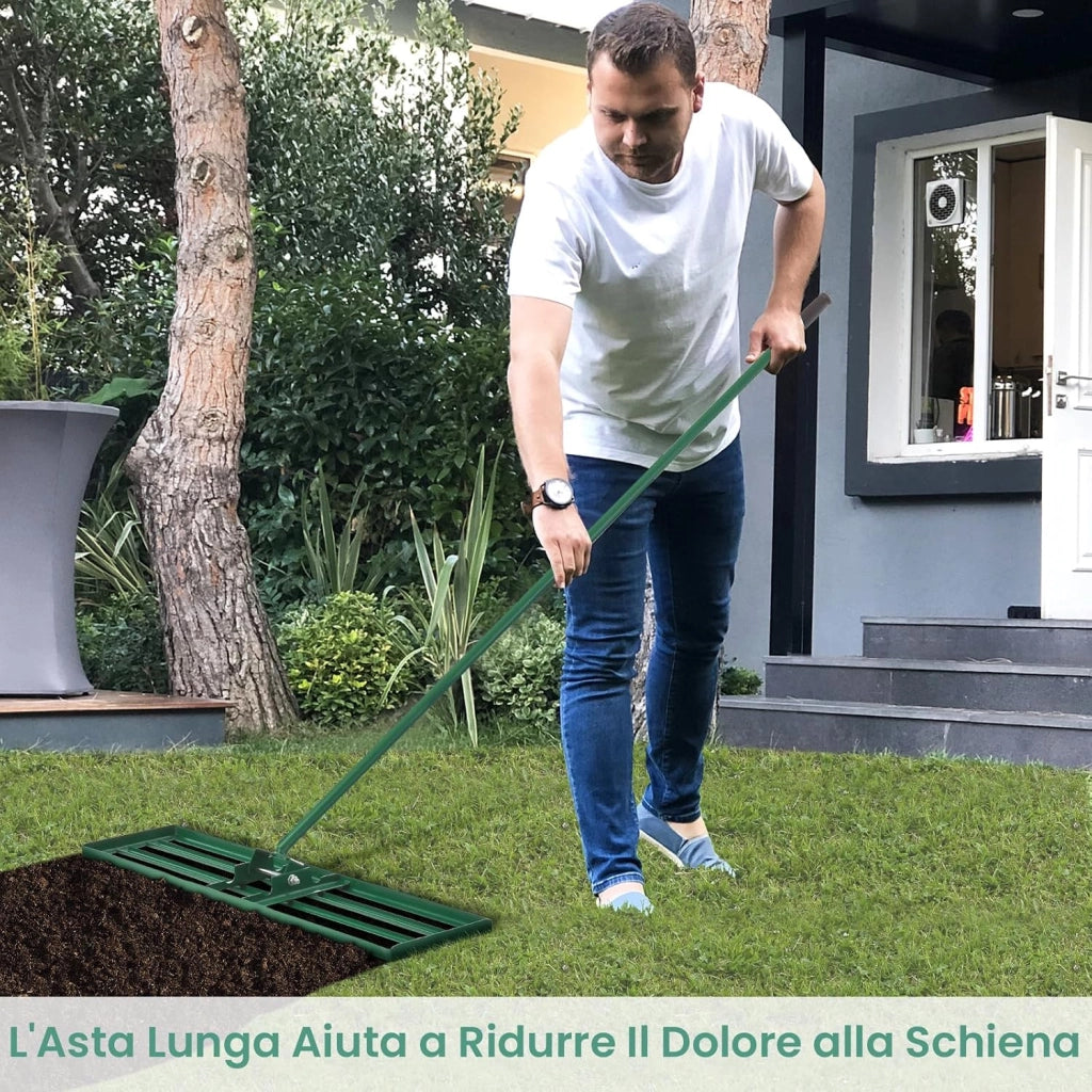 Rastrello Livellatore per Prato, Attrezzo per la Livellatura del Prato con Manico Ergonomico, Livellatrice per Giardino, Cortile, Campo da Golf, Fattoria e Pascolo (Verde 91 x 25 cm)