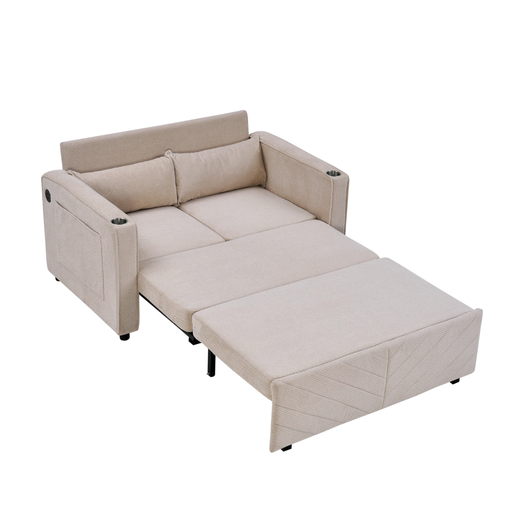 Divano letto 2 posti beige in legno e tessuto; con porte USB