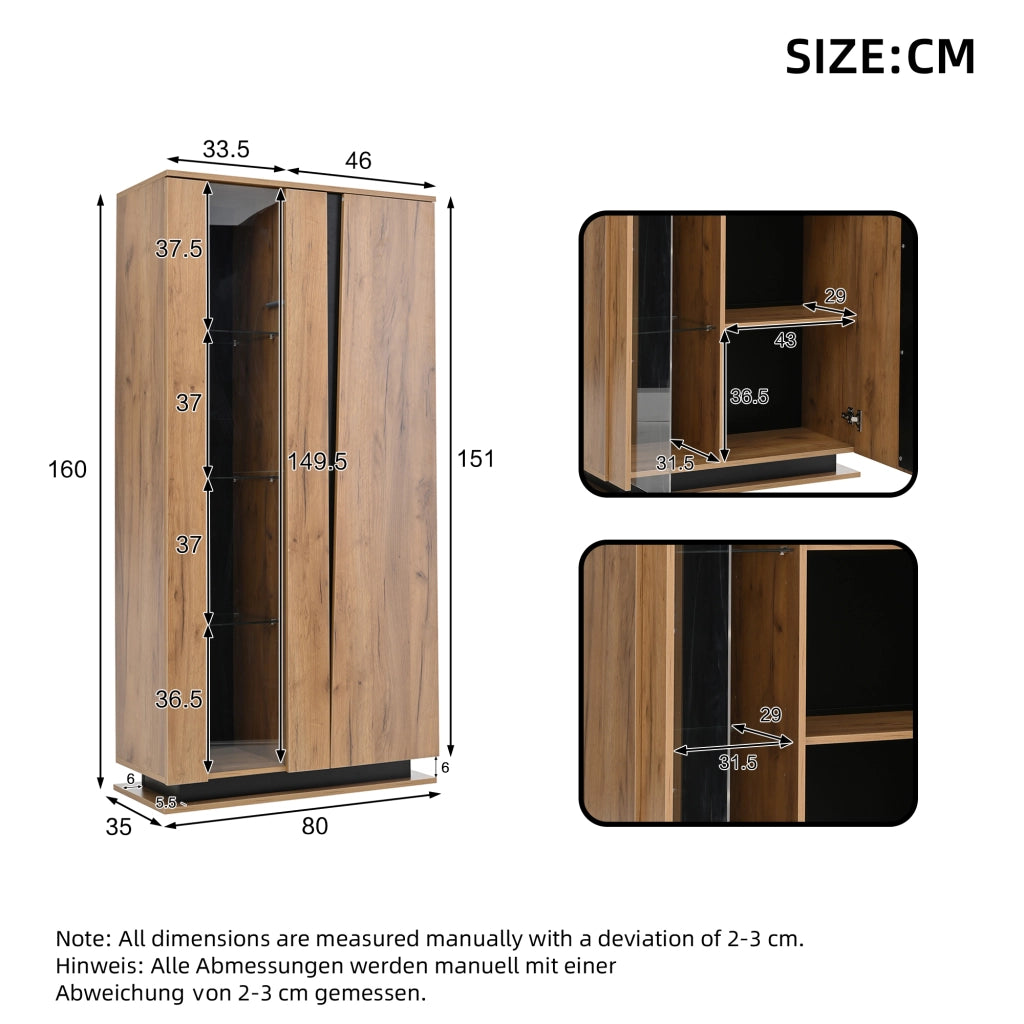 Vetrina con 2 ante; 8 vani e LED - per soggiorno - in truciolare - 80×35×160 cm