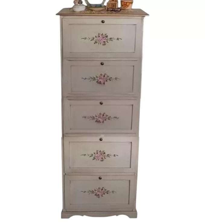 Scarpiera 5 ante ribalta legno shabby avorio anticato filo oro 79x30x210 - Mobili 2G