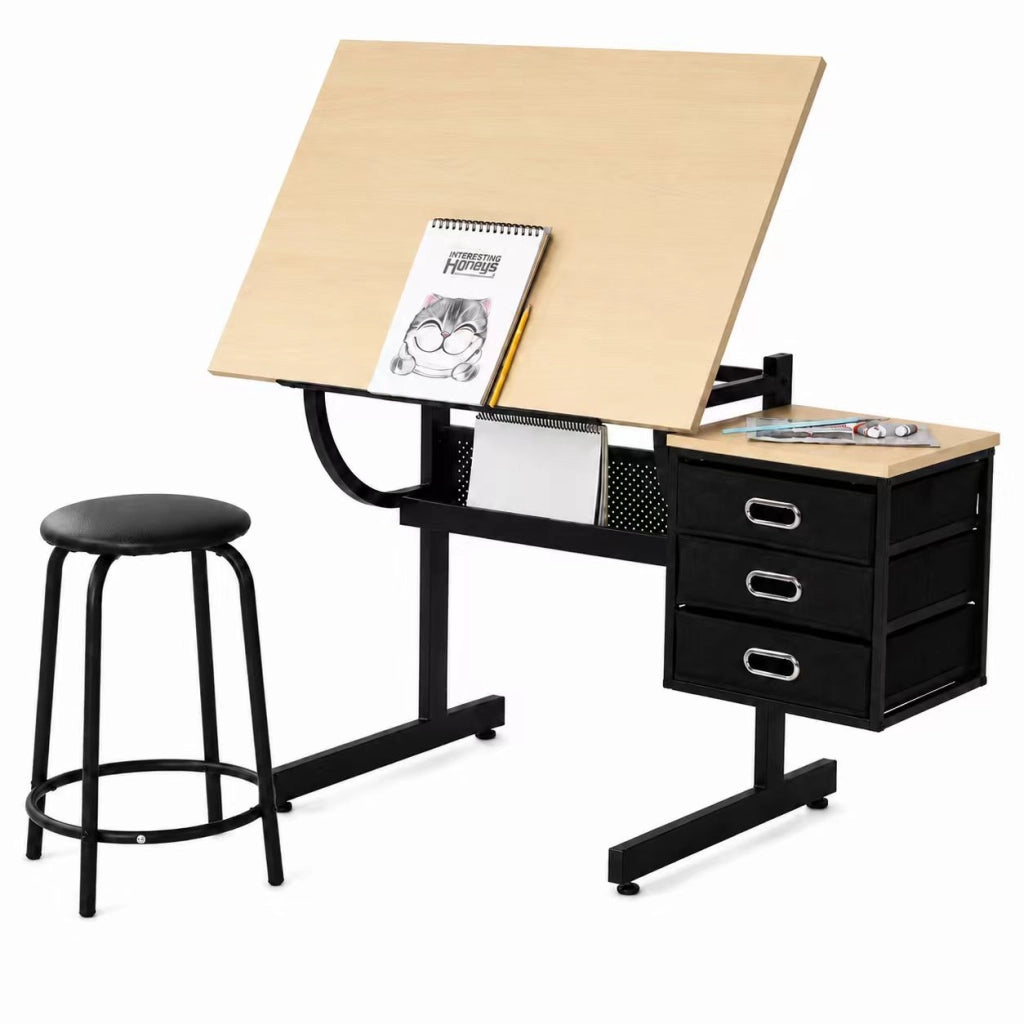 Tavolo da disegno e da lavoro in acero con sgabello e 3 cassetti, acero