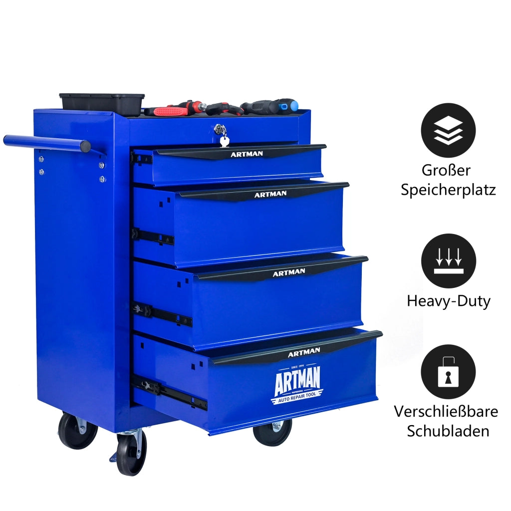 Cassettiera con ruote in acciaio con 4 cassetti e guide a sfere per garage e officina nero blu 60 × 33 × 77,5 cm