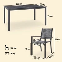 Set da Giardino 7 Pezzi in Acciaio con Tavolo Rettangolare e 6 Sedie Impilabili Traspiranti, Grigio e Nero