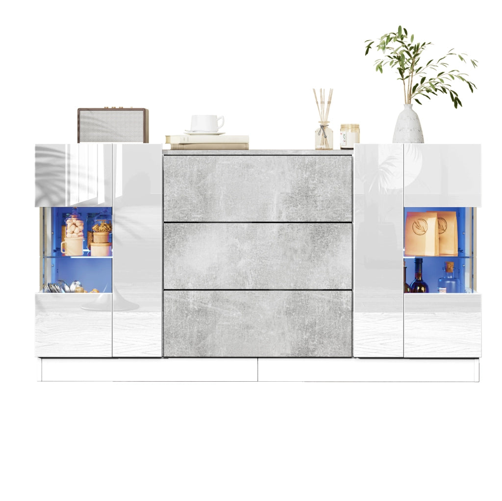 Credenza con LED, 2 ante e 3 cassetti effetto marmo 140 cm