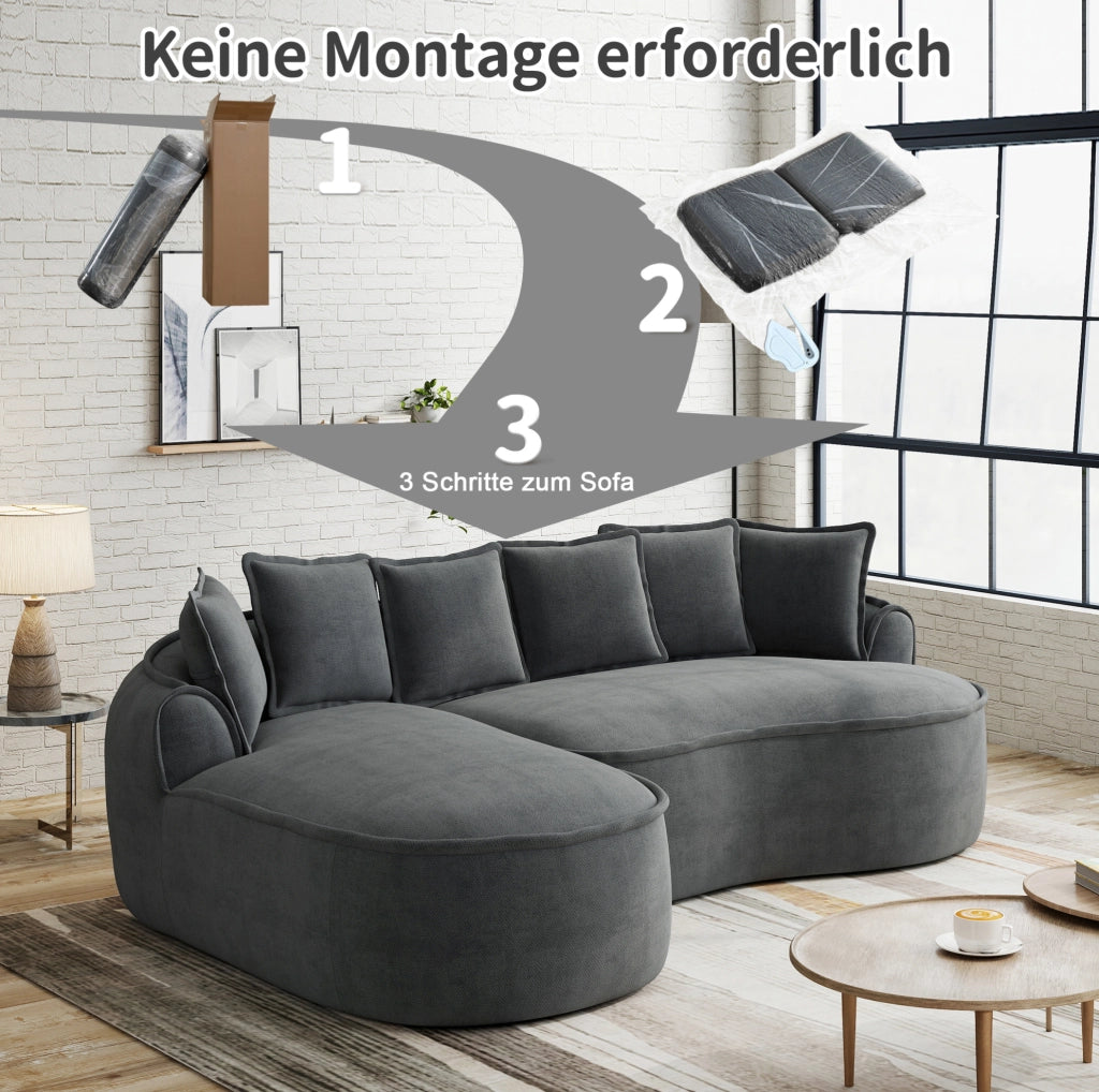 Divano modulare senza struttura in ciniglia grigia con chaise longue; 252x164x67 cm