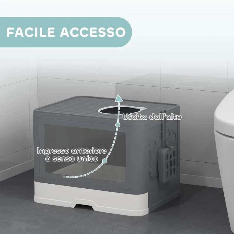 LETTIERA PER GATTI CHIUSA CON COPERCHIO E DOPPIA ENTRATA, CASSETTO ESTRAIBILE, PALETTA E SPAZZOLA, GRIGIO