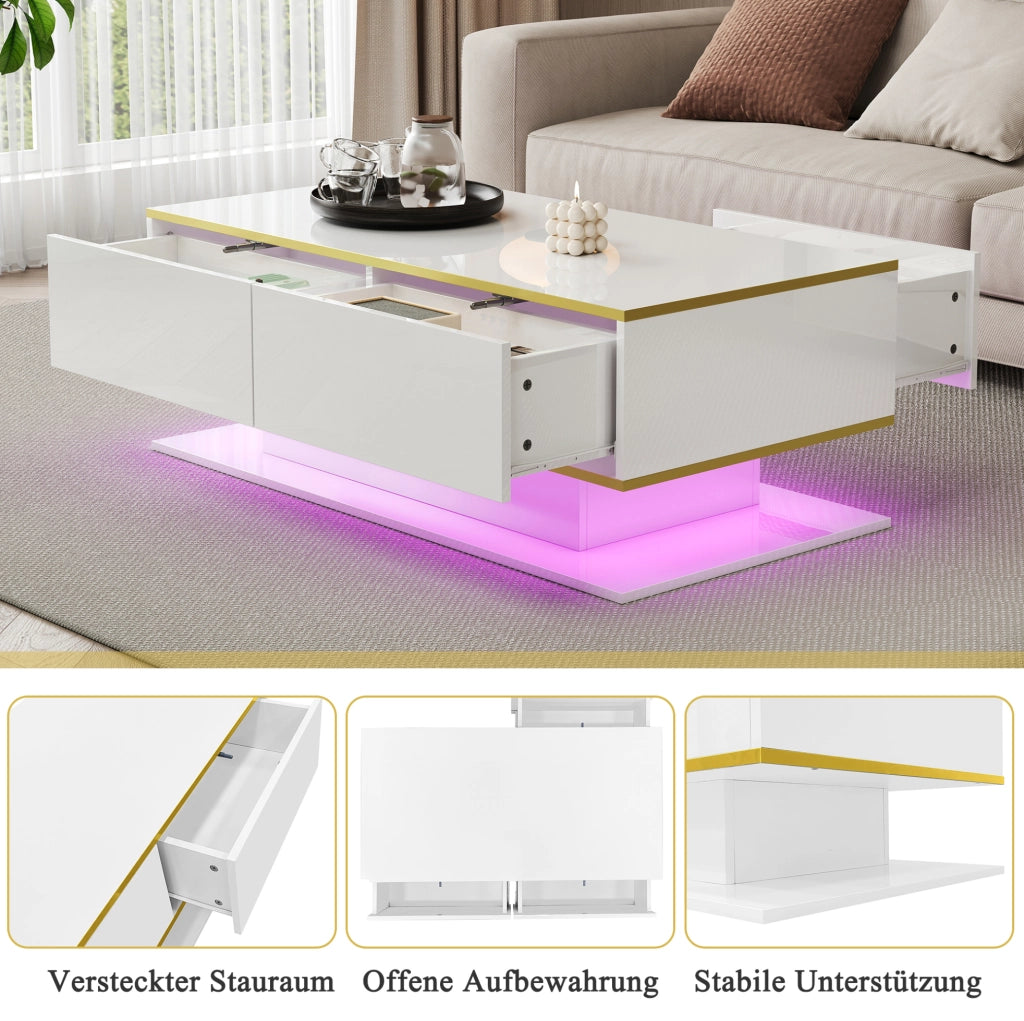 Tavolino da caffè bianco lucido con LED, 3 cassetti e dettagli oro