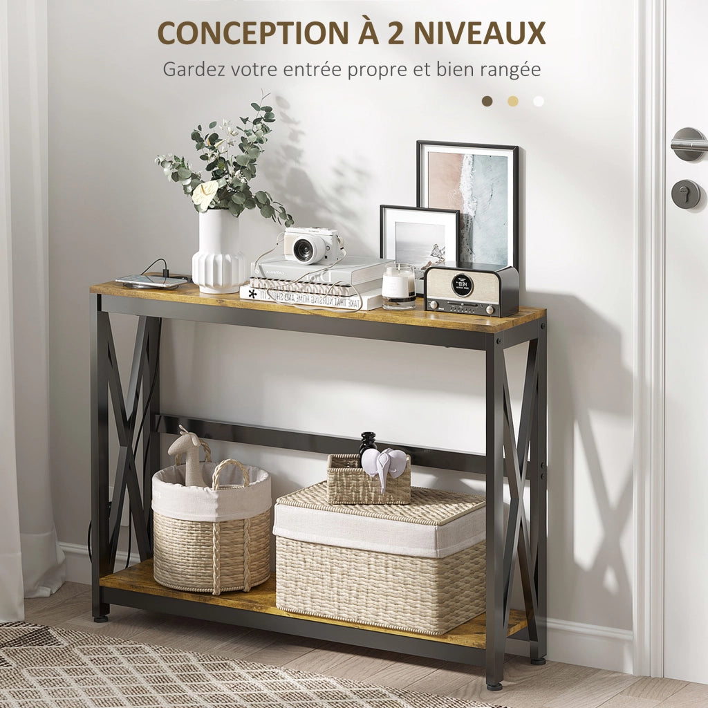 Consolle ingresso industriale 2 ripiani con prese USB ¨C Xylo ¨C Legno marrone 100x24x75cm