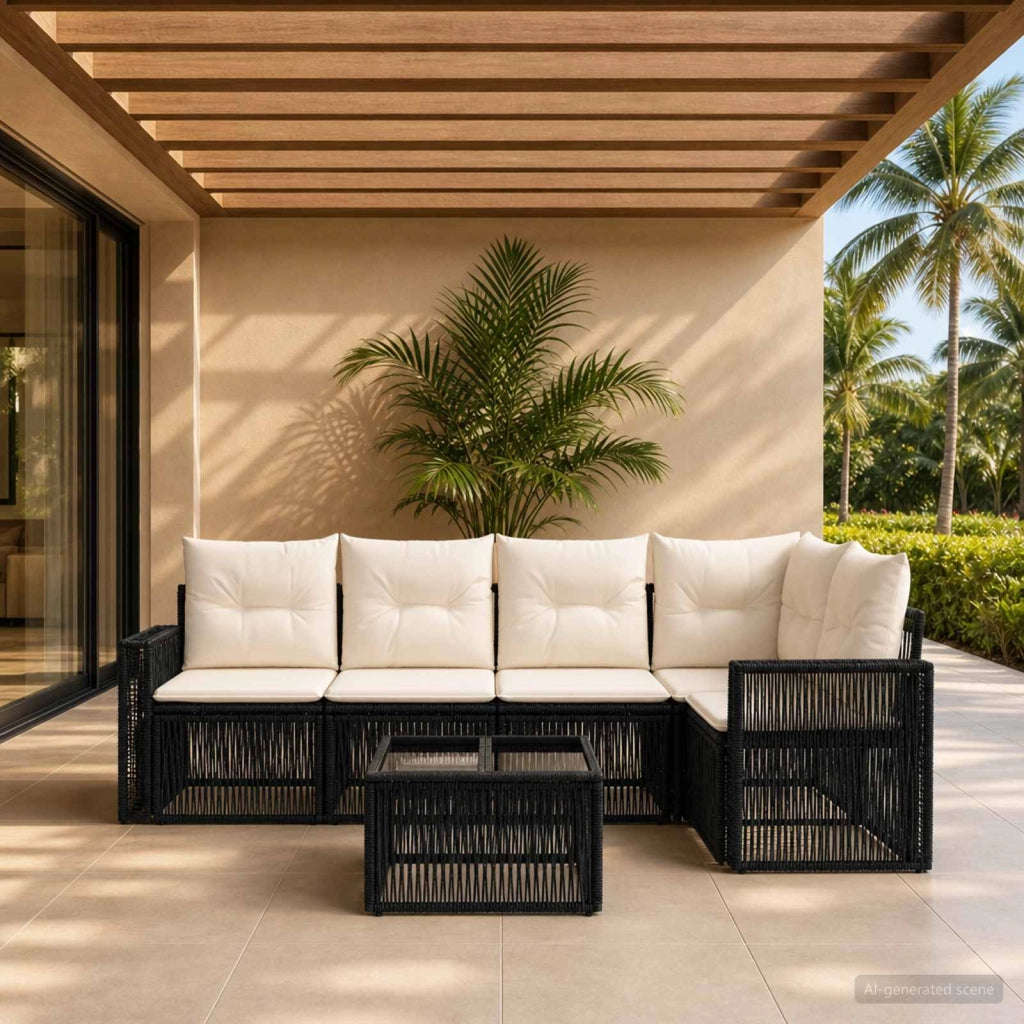 Set Divano da Giardino 6 pz Nero e Bianco Crema polyrattan 3435124
