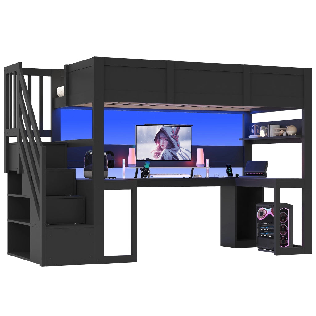 Letto a soppalco 90x200 con scrivania; scala contenitore; LED e USB; in multistrato e MDF nero per camera