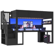 Letto a soppalco 90x200 con scrivania; scala contenitore; LED e USB; in multistrato e MDF nero per camera