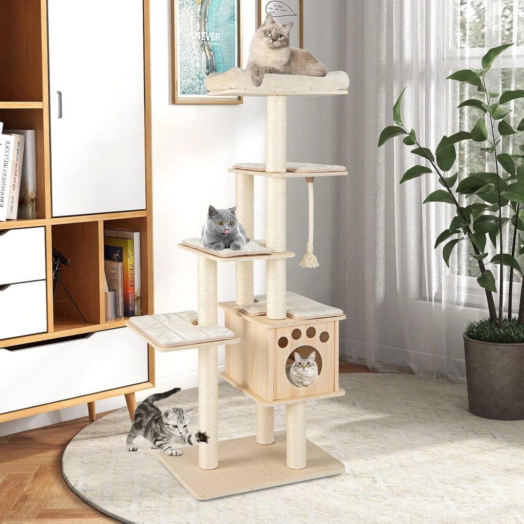 Albero Tiragraffi per Gatti Moderno 170 CM, Tiragraffi per Gatti Multistrato con Trespolo, Superiore Nicchia in Legno, Pali, Tiragraffi in Corda di Sisal e Piattaforme