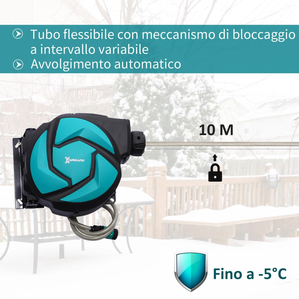 Avvolgitubo da Giardino Automatico Fissaggio a Parete Orientabile con Tubo da 10m 29,5x16,5x33 cm