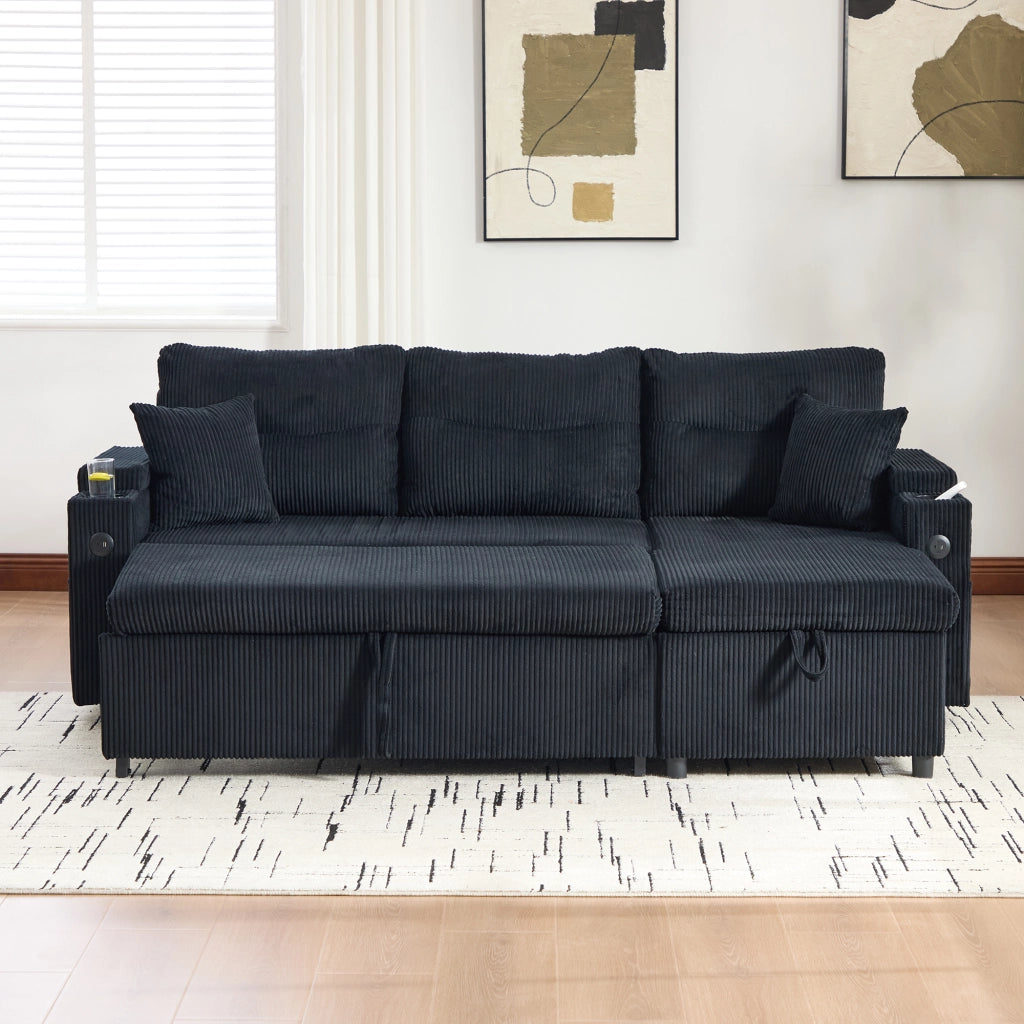 Divano angolare convertibile con chaise longue idraulica, letto estraibile, USB-C e vano contenitore in corda nero