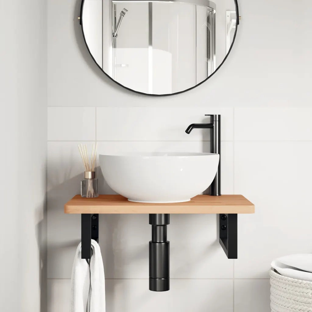 Ripiano a Parete per Lavabo-Mensole a Muro in Acciaio e Massello di Faggio 764752