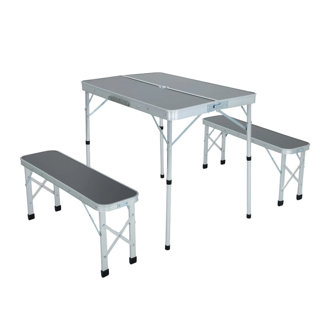 Tavolo da Campeggio ROI con 2 Panche Pieghevoli, Colore Grigio