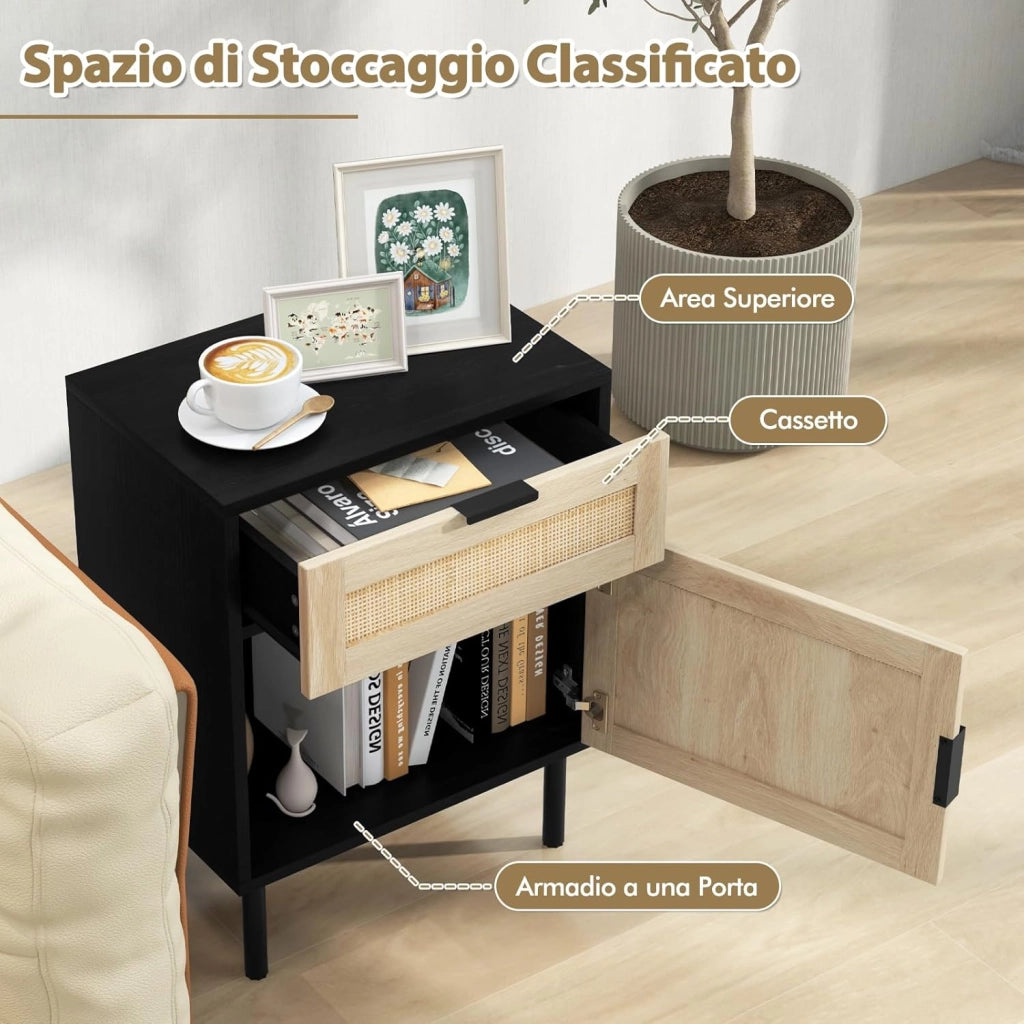 Set di 2 Comodini con Cassetto e Anta, Tavolini in Rattan Stile Bohémien Salvaspazio, Mobiletto Armadietto per Camera da Letto, Soggiorno e Ingresso, 45 x 30 x 59 cm (Nero)